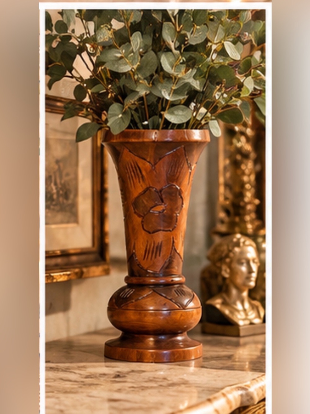 Vintage Hand Carved Wood Floral Vase Pedestal Boho Home Decor 8”